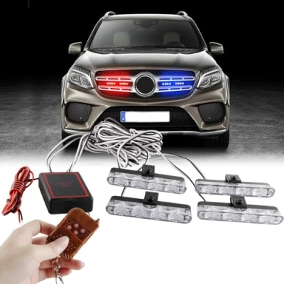 Afbeelding van Sidaqi 4x4LED 4 in 1 afstandsbediening draadloze 12V noodstroboscoop waarschuwingslampje knipperlicht voor auto vrachtwagen DRL ambulance politie licht (rood en blauw)