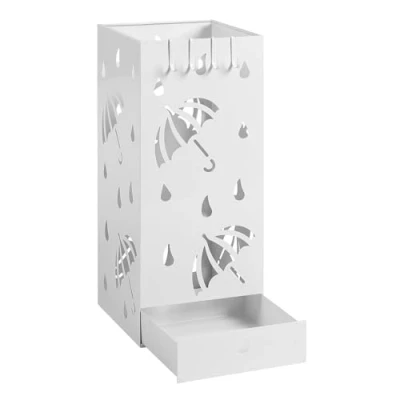 Afbeelding van Laneetal paraplustandaard, vierkante parapluhouder van metaal, met uitneembare wateropvangbak, 4 haken, paraplumotief, 20 x 49 cm, wit