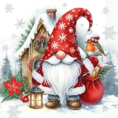 Afbeelding van 20 servetten Kerstmis dwerg Edik als tafeldecoratie. Papieren met motief voor winter kabouter tomt ook decoupage en techniek 33x33cm