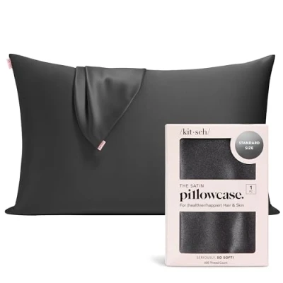 Afbeelding van Kitsch 100% satijnen kussensloop met rits, zachter dan zijden voor haar en huid, verkoelende kussensloop, (standaard/queensize (1 stuk), houtskool)