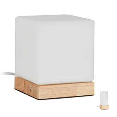 Afbeelding van Relaxdays tafellamp kubus, voor woonkamer &amp; slaapkamer, van hout melkglas, E14 nachtlamp, 15 x 12 cm, wit/natuur
