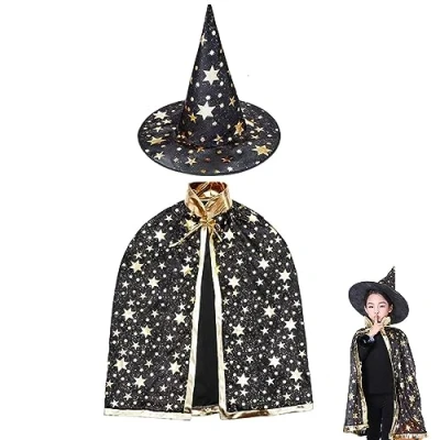 Afbeelding van ZHjuju Magische cape met hoed, Halloweenkostuum voor kinderen, Halloween, kostuum, heksencape 3 12 jaar, jongens meisjes, Halloweenkostuum, rekwisieten cosplay, feest,