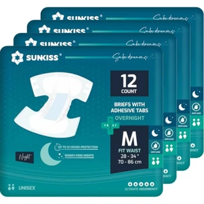 Afbeelding van SUNKISS TrustPlus Nachtluiers voor volwassenen met ultiem absorptievermogen, uniseks incontinentieslip lipjes mannen en vrouwen, geurbestrijding, medium, 48 stuks (4 verpakkingen van 12)