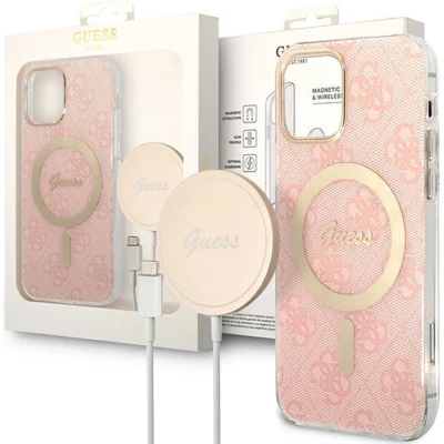 Afbeelding van Guess GUBPP13LH4EACSP Set Case+ Oplader iPhone 13 Pro roze/roze hardcase 4G Print MagSafe