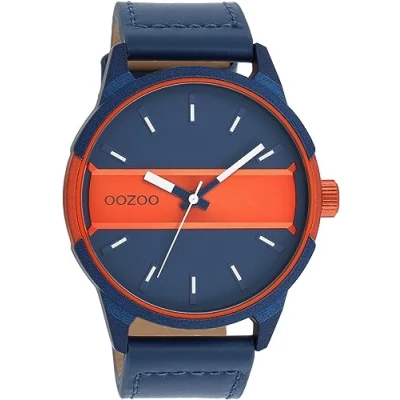 Afbeelding van OOZOO Timepieces Blauw/fluo oranje horloge met blauwe leren band C11232