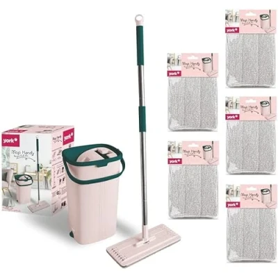 Afbeelding van Vloerwisser dweilset mobiele telefoon plat, draaibaar met twee kamers poetsemmer mop uitwringfunctie nat droog reinigen geschikt voor alle vloeren 5 extra cartridges