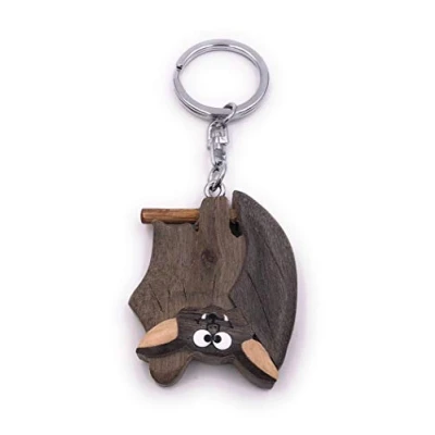 Afbeelding van H Customs Vleermuis vogel slapend echt hout edel handgemaakte sleutelhanger hanger