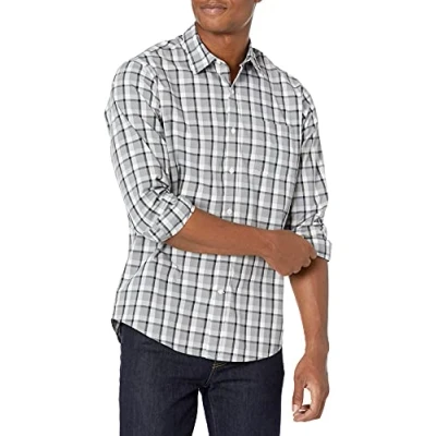Afbeelding van Amazon Essentials Men&#039;s Casual poplin overhemd met normale pasvorm en lange mouwen, Grijs Plaid, M
