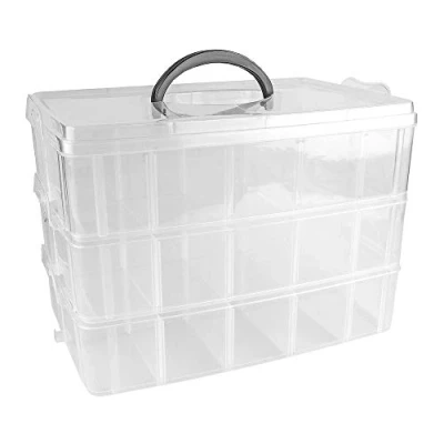 Afbeelding van Opbergdoos met deksel en handvat, 30 vakken, transparant, 26 x 18,5 17 cm, 3 niveaus elk 10 sorteerdoos voor kleine voorwerpen, kralen, sieraden, schroeven