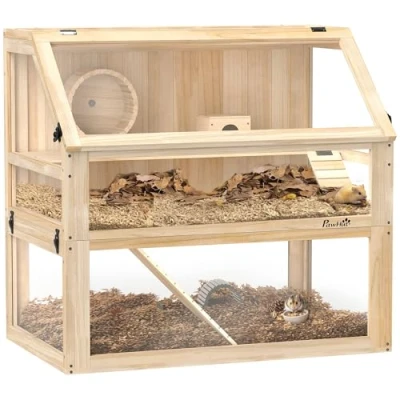 Afbeelding van PawHut Hamsterkäfig aus Holz 3 Etagen Nagarium Nagerkäfig Kleintierkäfig mit klappbarem Deckel Laufrad und Zubehör, Kleintierstall Holzkäfig Käfig für Hamster Zwerghamster 80 x 50 76 cm Naturholz