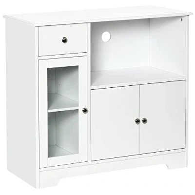 Afbeelding van HOMCOM Magnetronkast, dressoir, keuken, opbergkast, voor eetkamer, 90 x 40 82 cm, gehard glas en hout, wit