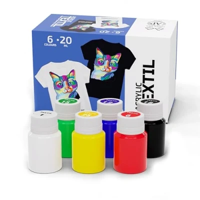 Afbeelding van Krevo Art Stofverf, textielverf, wasbestendig, set van 6 x 20 ml stofkleuren in flesjes voor het beschilderen verschillende soorten textiel