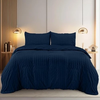 Afbeelding van Utopia Bedding Seersucker Dekbedovertrekset Microvezel Polyester Dekbedovertrek 200x200 cm + 2 Kussenslopen 50x75 Marineblauw