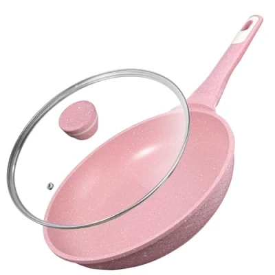 Afbeelding van DYGG pan braadpan met deksel 26 cm gecoate alle warmtebronnen incl. inductie roze, vetvrij braden, pannenset anti aanbak graniet materiaal, 100% vrij van PFAS, PFOA