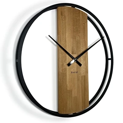 Afbeelding van Wandklok groot zonder tikkende geluiden LOFT OVAL metaal zwart 3D XXL modern hout badkamer woonkamer (80cm diameter)