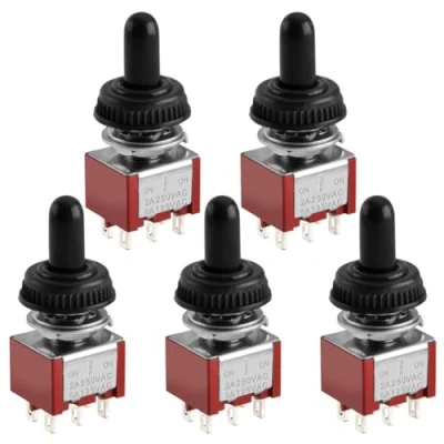 Afbeelding van Heschen Miniatuur tuimelschakelaar MTS 203 ON OFF DPDT 6 pins, 2A 250V, 6A 125V, UR vermeld, met waterdichte afdekking, 5 stuks