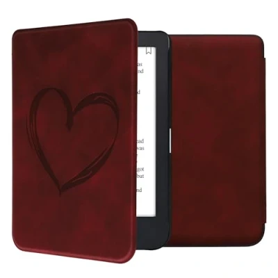 Afbeelding van kwmobile e reader hoesje geschikt voor Kobo Clara 2E hoes Ereader flip case met standaard Kunstleren cover Brushed Hart design in donkerrood