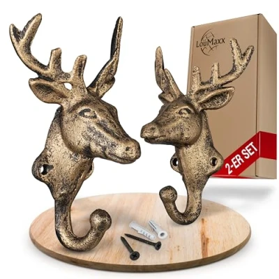 Afbeelding van LouMaxx kledinghaken hert set van 2 hertenhaken garderobehaken in goud muur rustiek hertendesign decoratieve wandhaken kledinghaak hertenkop incl. schroeven