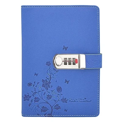 Afbeelding van LinYesh Lederen Wachtwoord Notebook Schrijven Dagboek Planner Organizer met Combinatieslot, Vlinder en Bloempatroon Draadbinding Dagelijks, A5 210x145mm