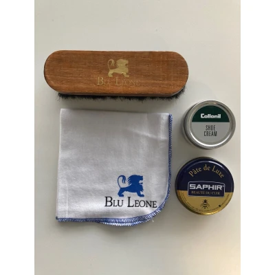 Afbeelding van Blu Leone Schoenpoets set Zwart Glad leder poetsdoek paardenhaar borstel saphir schoenwas collonil schoencreme volledige schoenonderhoud