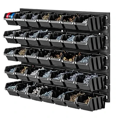 Afbeelding van KADAX Werkplaatsrek, 58 x 39 cm, gereedschapswandrek van robuust kunststof, uv bestendig opslagsysteem, uitbreidbare wandplaten, werkplaatswandrek voor garage (zwart, 35 stuks)