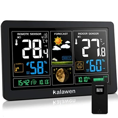 Afbeelding van Kalawen Weerstations binnen en buitentemperatuur, draadloos met weersvoorspelling, weerstation buitensensor, DCF radioklok, weerstations, werkt op batterijen
