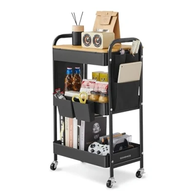 Afbeelding van SONGMICS LRC036B01 rolwagen met 3 planken, plank, 2 afneembare hangzakken, 6 zijvakken, voor woonkamer, werkkamer, keuken, badkamer, zwarte inkt