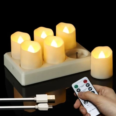 Afbeelding van FREEPOWER 6 led theelichtjes oplaadbaar met laadstation, elektrische oplaadbare kaarsen USB afstandsbediening, timer, flikkeren, dimbaar, warmwit, Halloween kerstdecoratie, Ø 4 x 4,5 cm