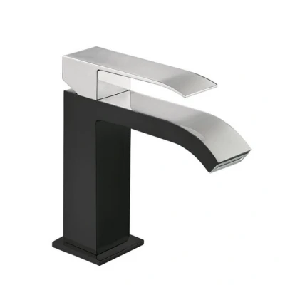 Afbeelding van Wastafelmengkraan Tres Cuadro Exclusive 1 Hendel Uitloop Gebogen 16 cm met Waterval Vierkant Chroom Zwart