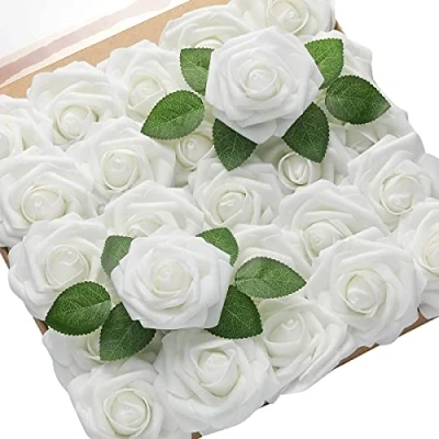 Afbeelding van PIQIUQIU kunstbloemen, rozen, rozenkoppen, namaak voor verjaardagsdecoratie, bruiloftsdecoratie, feestdecoratie, 25 stuks, wit
