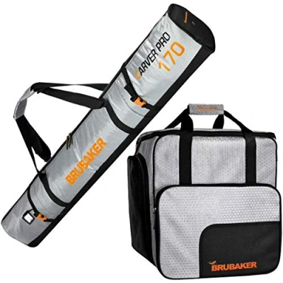Afbeelding van BRUBAKER Combi Set CarverTec Pro Skitas en Skischoen Tas voor 1 paar Ski&#039;s Stokken tot 170 cm Skischoenen Helm Zilver Oranje