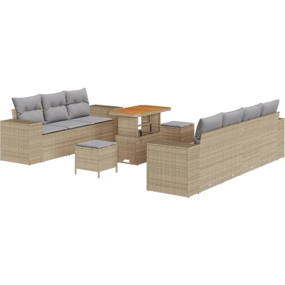 Afbeelding van vidaXL 10 delige Tuin Sofa Set met Kussens Beige Poly Rattan Acacia, 3 Eet Acacia
