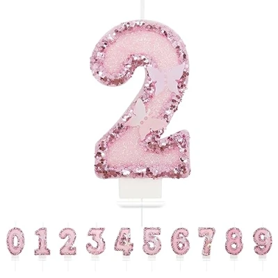 Afbeelding van verjaardagskaarsen, cijfers 2, 3D vlinder, roze, verjaardagskaarsen taarttopper, decoratie, taartdecoratie, verjaardag, voor verjaardagsdecoratie