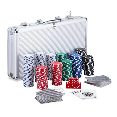 Afbeelding van Relaxdays pokerkoffer pokerset 300 laser chips 2 kaartspellen dobbelsteen buttons