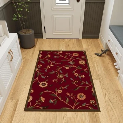 Afbeelding van Ottomanson Ottohome collectie tapijt met rubberen achterkant en modern bladerdesign, 100 cm x 150 cm, rood