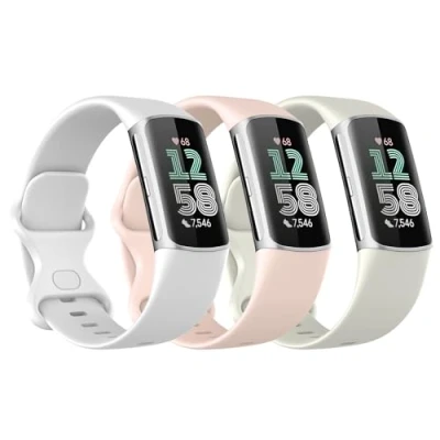 Afbeelding van Astorgos 3 Pack Straps Compatible with Fitbit Charge 6/Fitbit 5 for Women Men, Soft TPE Watch Strap Replacement Band, Sand Pink/Moon Whtte/White