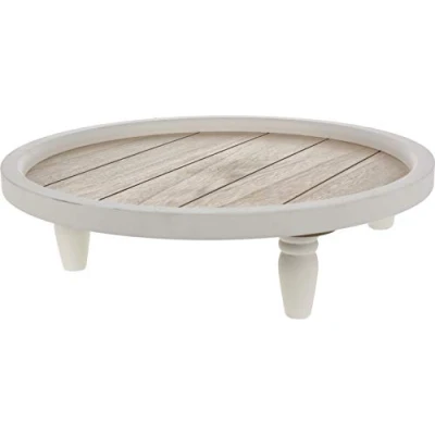 Afbeelding van Home Collection Decoratief dienblad 38 cm houten kaarsenplateau op 3 poten wit/bruin