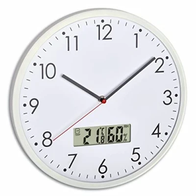 Afbeelding van TFA Dostmann Analoge wandklok met digitale thermometer en hygrometer, voor kamerklimaatregeling, glas, transparant, L310 x B55 H340 mm