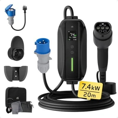 Afbeelding van EV oplader Type 2 7,4kW CEE [1 fase 20m 6 32A] met Schuko adapter, dé Elektrische Autolader, Digitale LCD Bediening Compatibel Model Y/3, 500e, e 208 en andere EV/PHEV