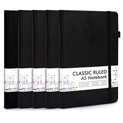 Afbeelding van feela 5 pack A5 notitieboeken, multipack, gelinieerd notitieblokken, (120 g/m²), notitieboek met harde kaft en zwarte gelpennen voor werk, studie, dagboek, notities, 128 pagina&#039;s/pak, 21 x 13 cm,