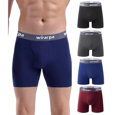 Afbeelding van wirarpa Heren ondergoed Trunks Katoen Stretch Boxer Shorts Open Fly Tagless Onderbroek voor Mannen Regular Been 4 Pack, Zwart/Blauw/Rood/Grijs, L