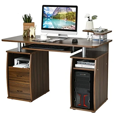 Afbeelding van COSTWAY Computertafel met laden, toetsenbordlade, printerplank en CPU standaard, bureau opbergruimte, bureautafel, werktafel, pc tafel voor kantoor, thuis, 120 x 55 76 cm (bruin)