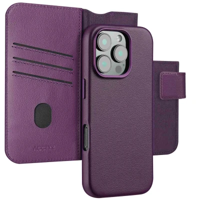 Afbeelding van Apple iPhone 16 Pro MagSafe Hoesje Echt leder Accezz 2 in 1 Case/Bookcase Paars Telefoonhoesje