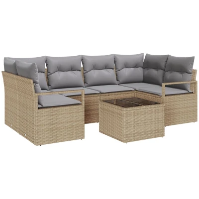 Afbeelding van vidaXL 7 delig tuinbankstel met kussens Beige Poly Rattan