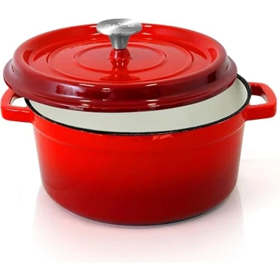Afbeelding van NutriChef Braadpan Geëmailleerde Gietijzeren Dutch Oven Ronde Hollandse Porselein Bakpotten met Zelf Bastende Deksel Rood Middelgroot