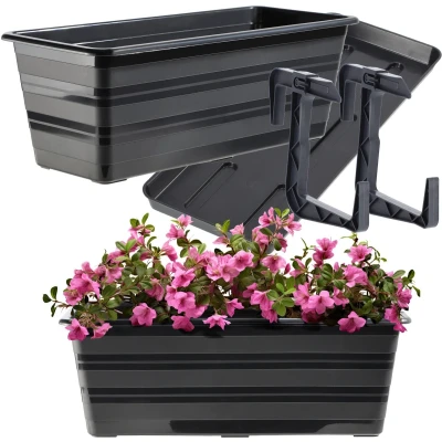 Afbeelding van KADAX Bloembak 40 cm met schotels en 2 handgrepen, antraciet, kunststof balkonpot, weerbestendige plantenbak, bloempot, leuningbak voor bloemen, kruiden