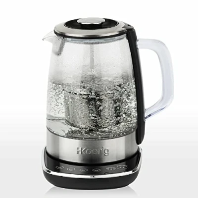 Afbeelding van H.Koenig Elektrische Glazen Instant Waterkoker TI600, 1.5L, met Roestvrijstaalen Thee Filter Infuser, 2200W, Compact, Snelkokend, Instelbare Thermostaat 70 tot 100C, Warmhouden, 2 Deksels