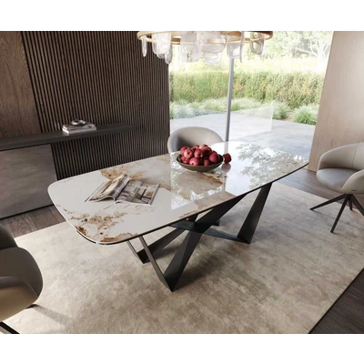 Afbeelding van DELIFE Eetkamertafel Edge Boot 200x100 keramiek Minas Melange wit beige spider vlak staal zwart