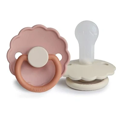 Afbeelding van FRIGG Daisy siliconen fopspeen, set van 2 stuks, BPA vrij, gemaakt in Denemarken, symmetrische kersenvormige (biscuit/crème, maat (6 18 maanden))