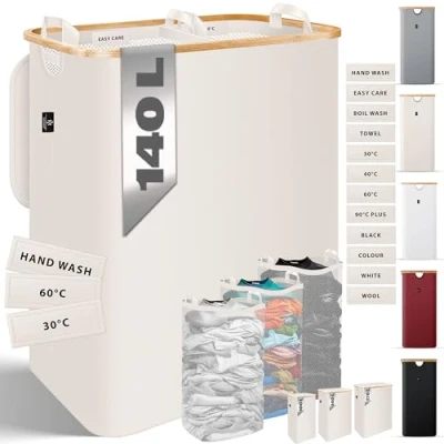 Afbeelding van Kesser® Wasmand met deksel, 2 vakken, opvouwbaar, 140 liter, wasmand, wasbox 3 x uitneembare waszakken, wassorteerder inclusief wasvoorschriften, beige